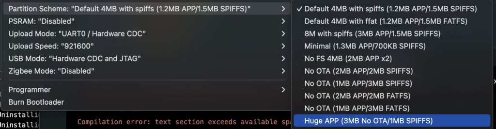 Change the Partition Scheme in the Arduino IDE