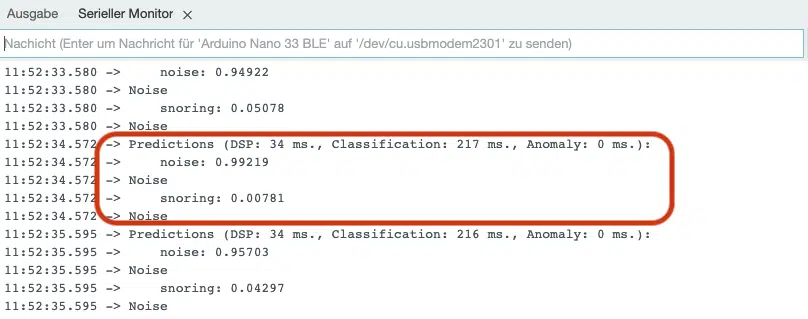 Snore Stopper Output in the Serial Monitor