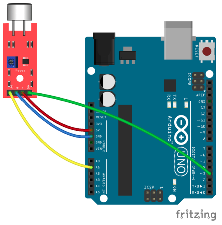 Connection diagram for the sound sensor on the Arduino UNO