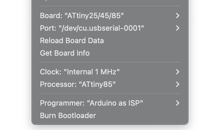 Settings in the Arduino IDE for programming the ATtiny85