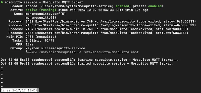 Terminal Output for an active MQTT broker